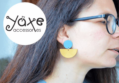 blue circle yellow semicircle leather earrings