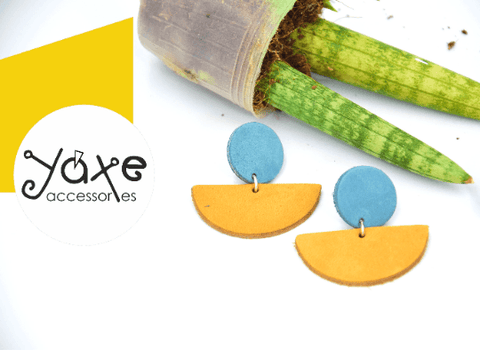 blue circle yellow semicircle leather earrings
