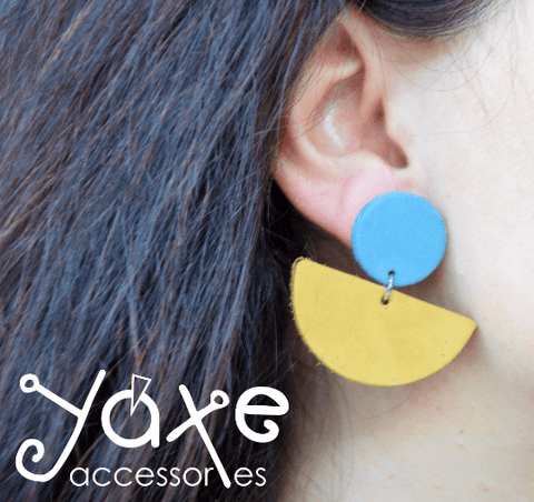 blue circle yellow semicircle leather earrings
