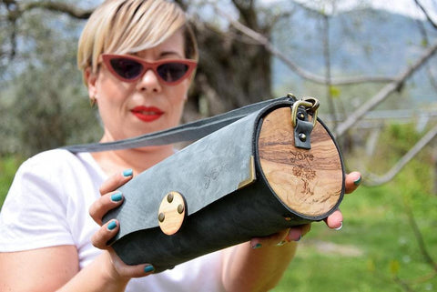 Gray cylinder leather and wood women bag - Handmade bags & jewelry Bags