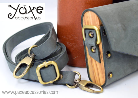 Gray small clutch women bag from leather and wood