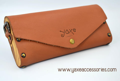 Whisky brown small clutch women bag from leather and wood