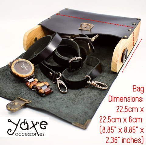 Black genuine leather & olive wood small shoulder men's bag