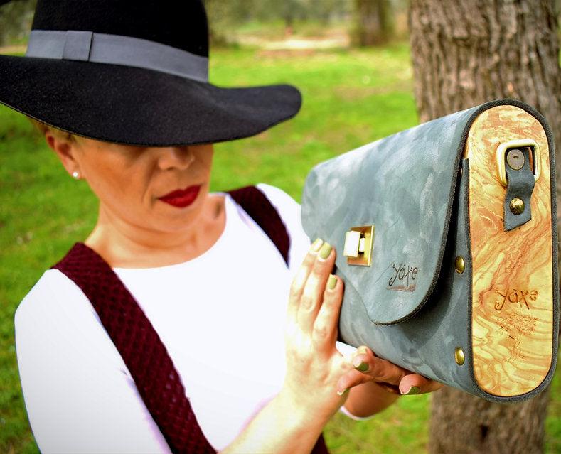 Gray leather wood women bag