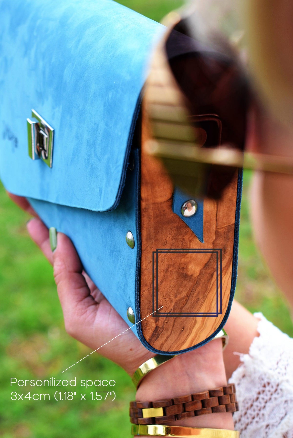 Blue matt leather olive wood women bag