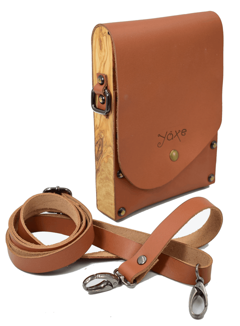 Whisky brown belt bag from leather and wood